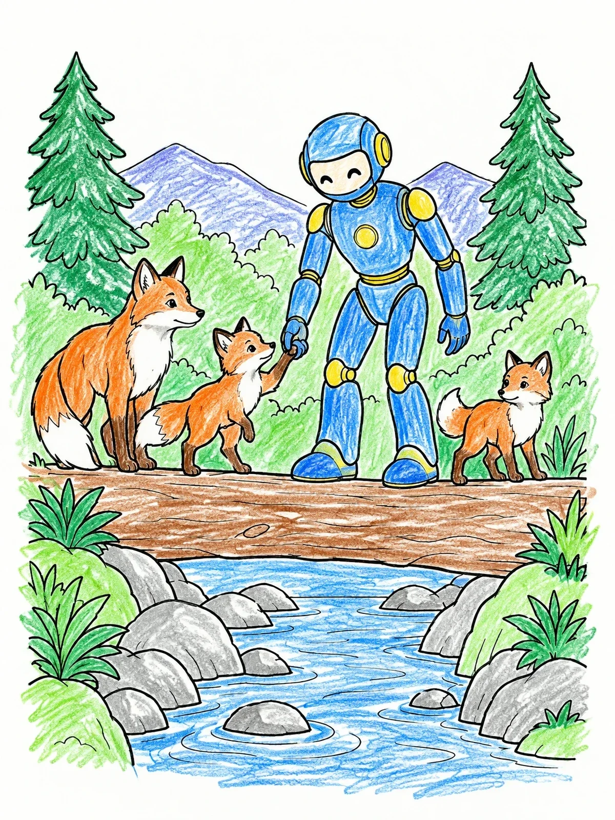 Colored example of the Friendly Robot Helping Fox Family coloring page