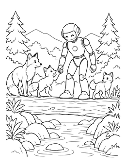 A friendly robot coloring page guiding foxes across a log bridge over a forest stream.