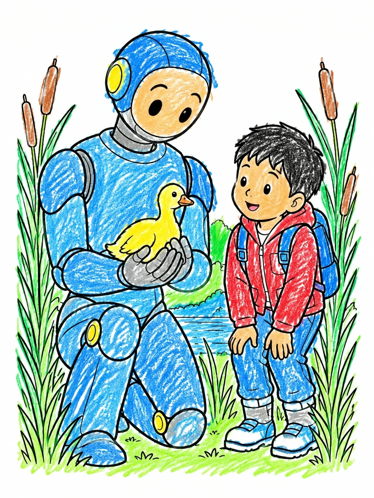 Colored example of the Friendly Robot Holding A Duckling coloring page