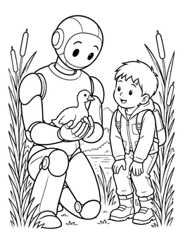 Free printable Friendly Robot Holding A Duckling coloring page