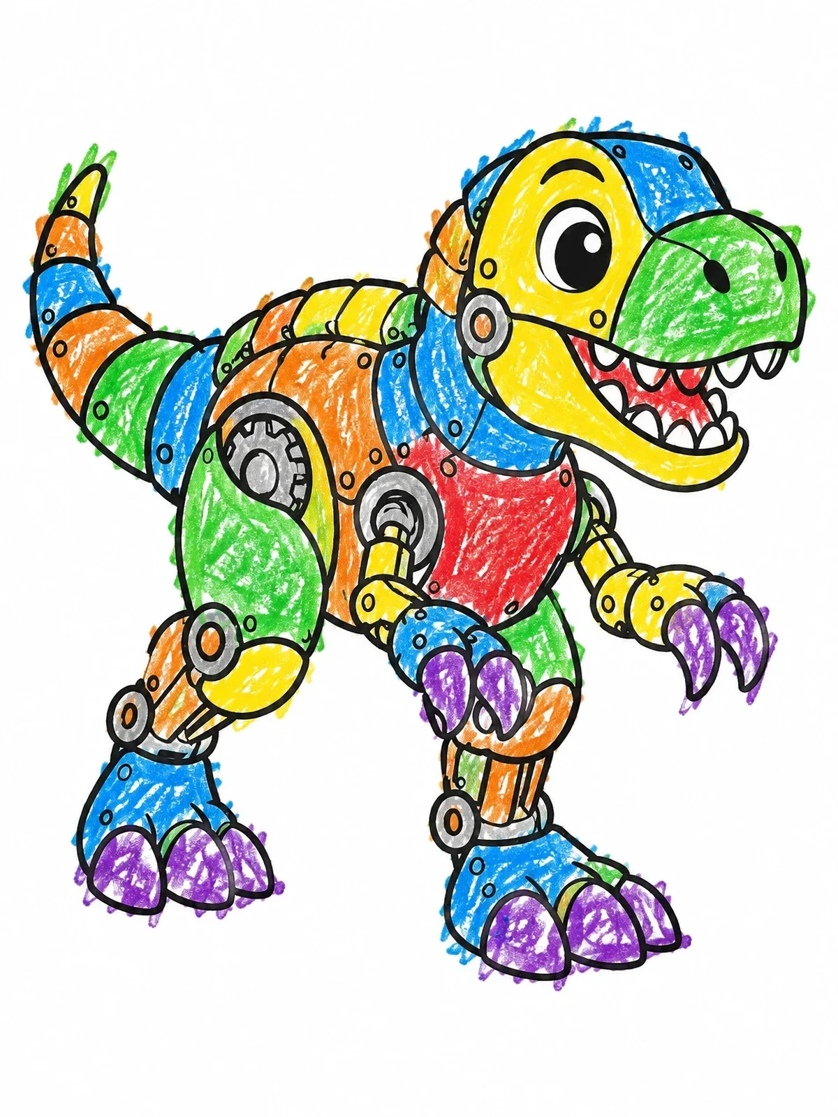 Colored example of the Friendly Robot T Rex coloring page