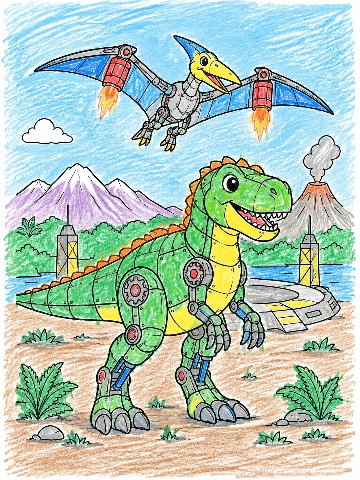 Colored example of the Friendly Robot T Rex And Pterosaur coloring page
