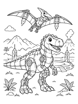 Free printable Friendly Robot T Rex And Pterosaur coloring page