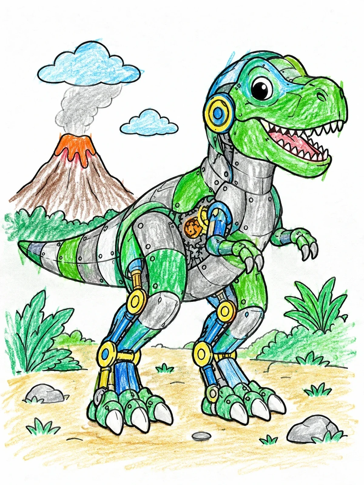 Colored example of the Friendly Robot T Rex In Prehistoric Landscape coloring page