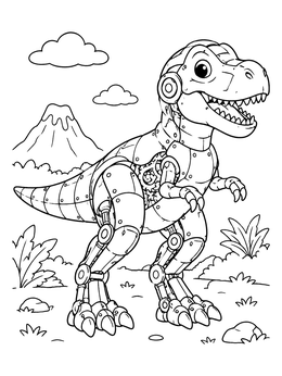Free printable Friendly Robot T Rex In Prehistoric Landscape coloring page
