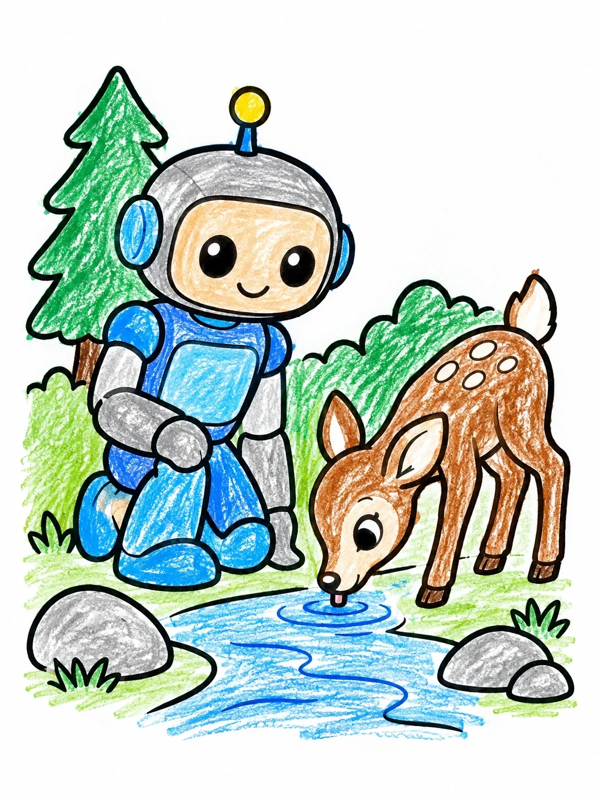 Colored example of the Friendly Robot With Drinking Fawn coloring page