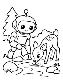 A friendly robot coloring page showing a robot kneeling beside a little fawn drinking water from a stream.