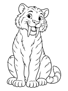 A friendly saber-toothed cat sits smiling in this tooth coloring page.