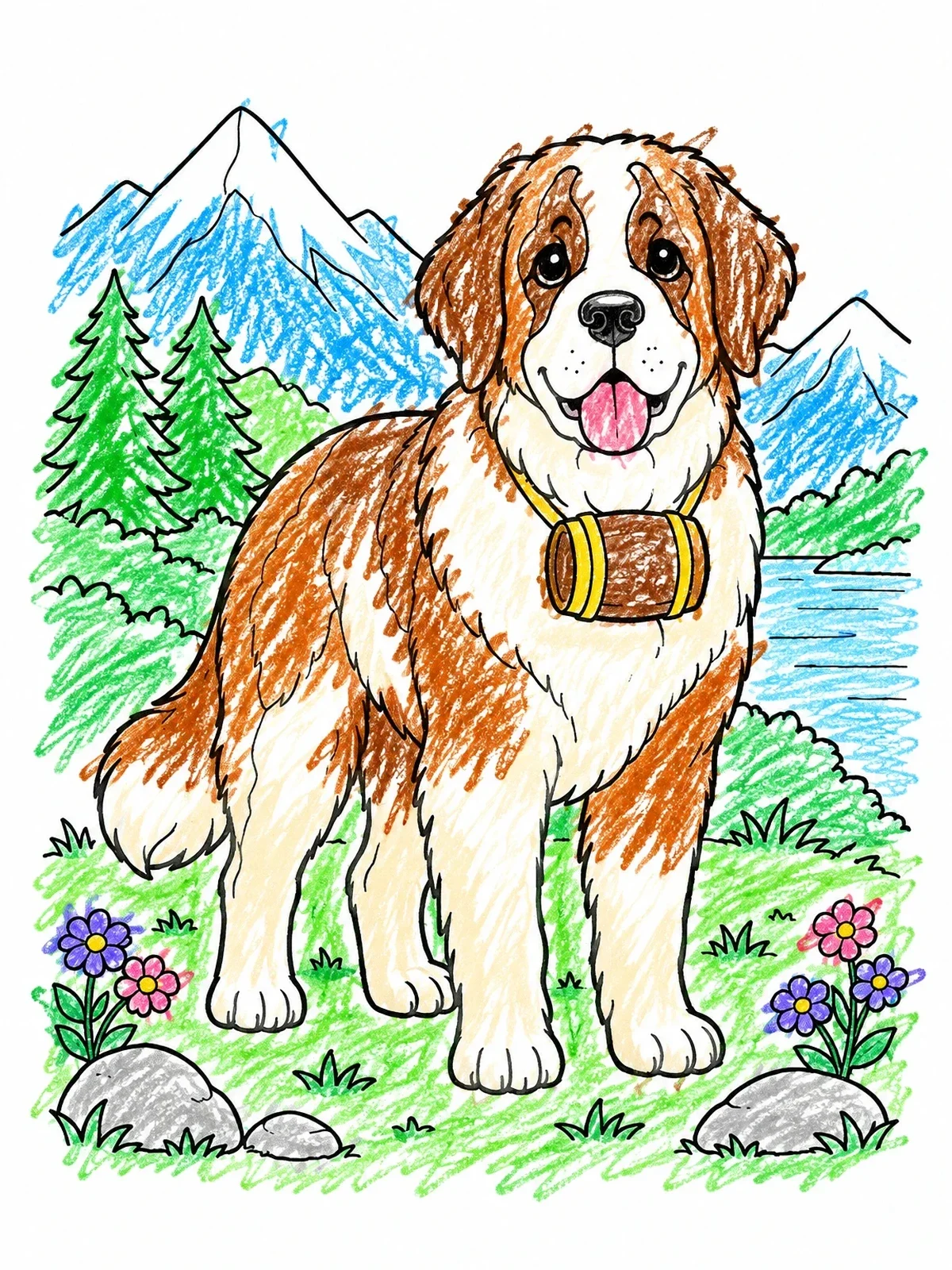 Colored example of the Friendly Saint Bernard In The Mountains coloring page