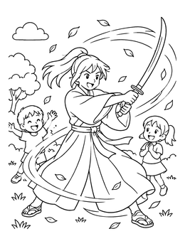 Free printable Friendly Samurai Practicing Sword Moves coloring page