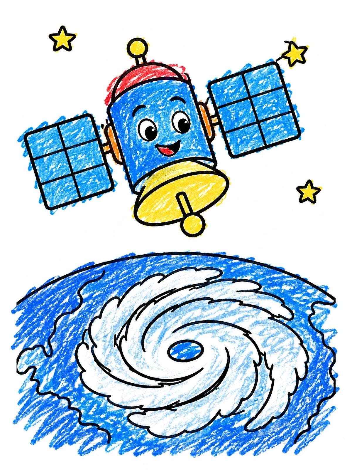 Colored example of the Friendly Satellite Watching A Hurricane coloring page