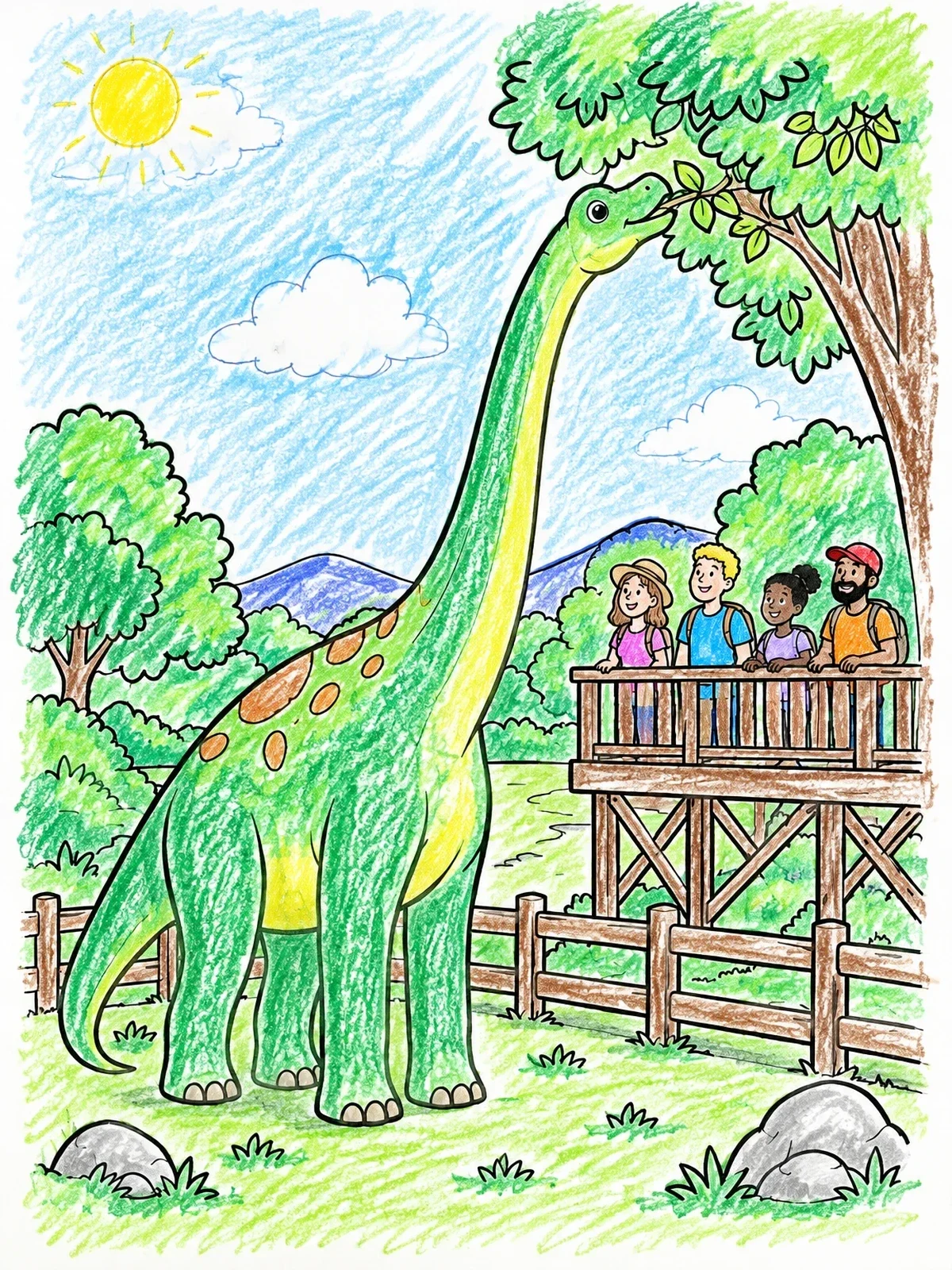 Colored example of the Friendly Sauropod In The Park coloring page
