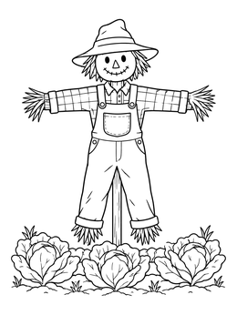 A friendly scarecrow guards large vegetable heads in this cabbage coloring page.