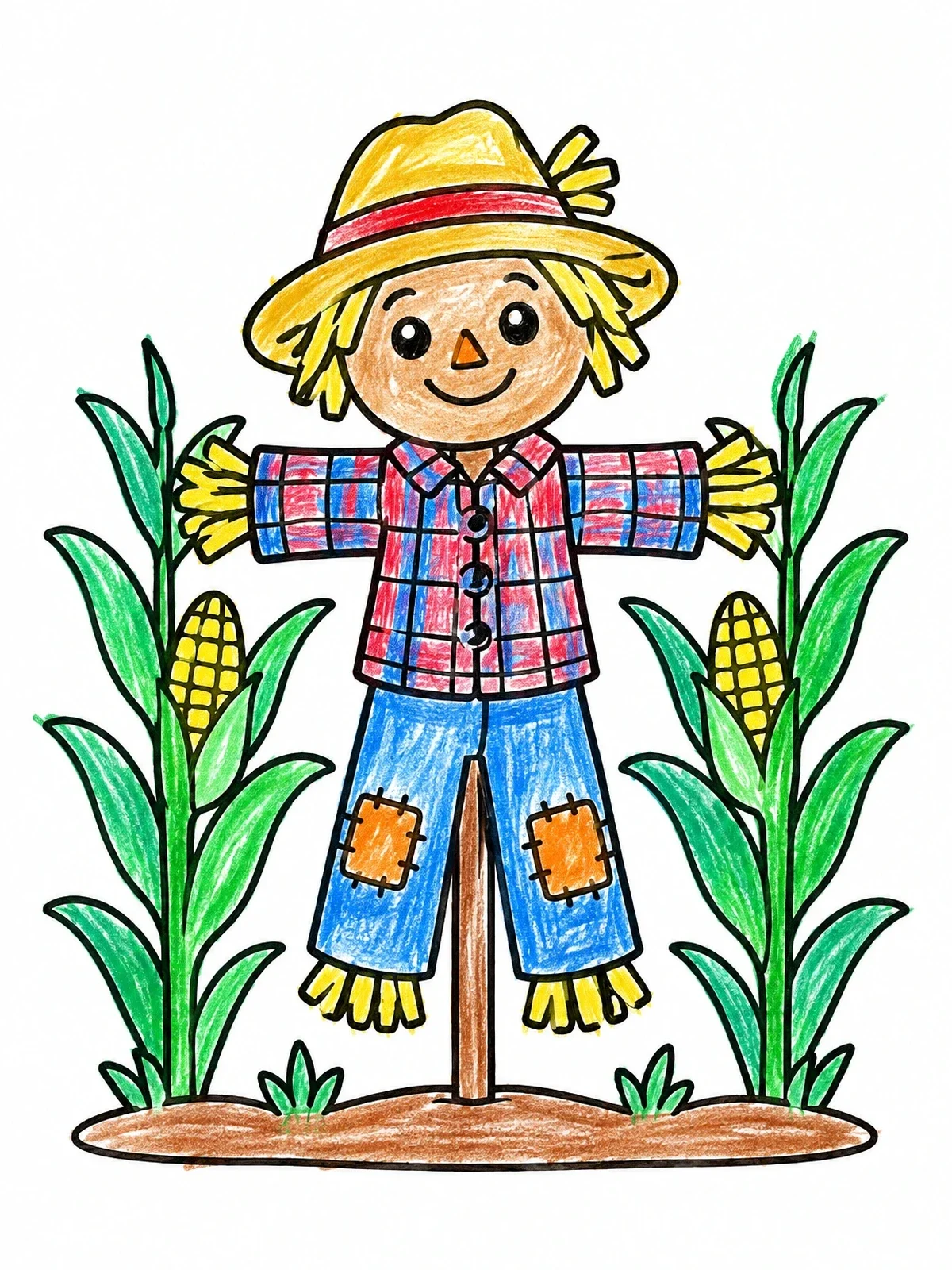 Colored example of the Friendly Scarecrow In Corn Field coloring page