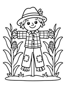 A friendly scarecrow stands among tall stalks in this corn coloring page.