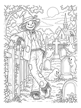 A cheerful scarecrow leaning against a fence in this graveyard coloring page with playful ghosts.