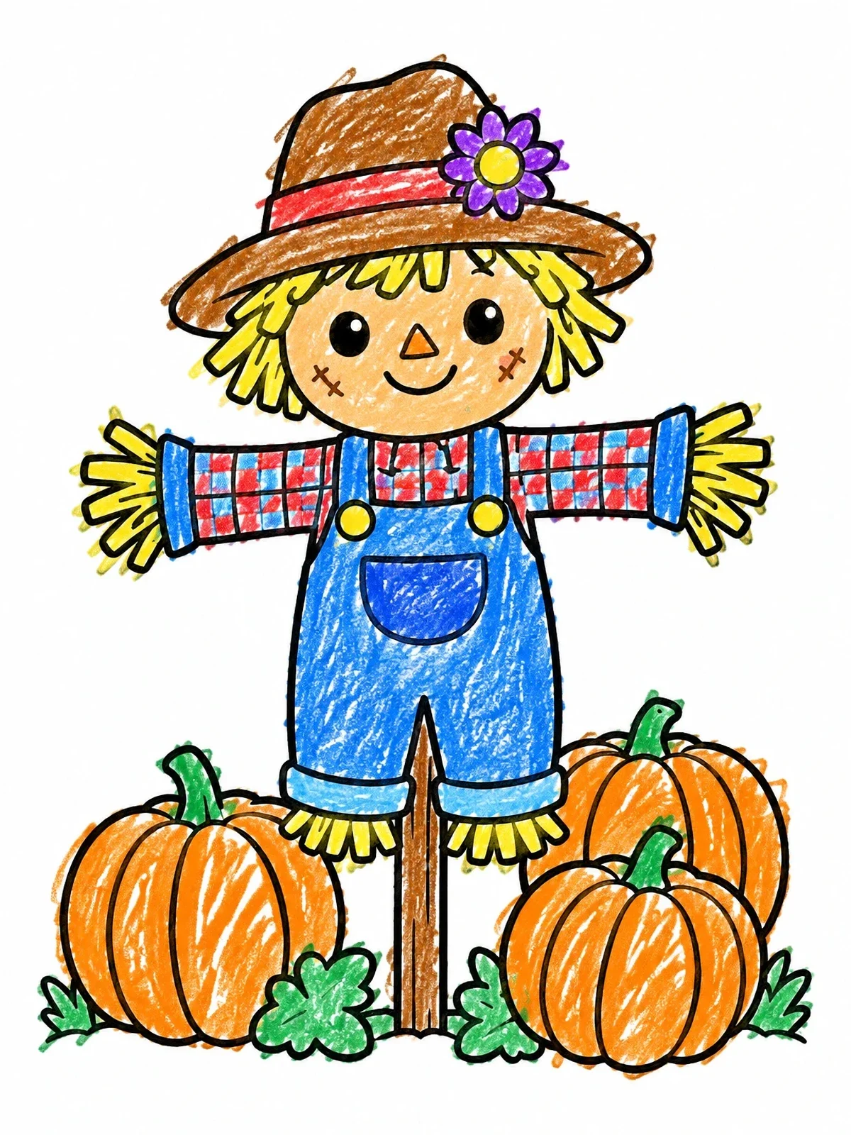 Colored example of the Friendly Scarecrow In Pumpkin Patch coloring page