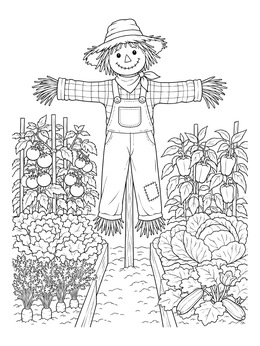 A cheerful scarecrow guards garden beds in this vegetable coloring page.