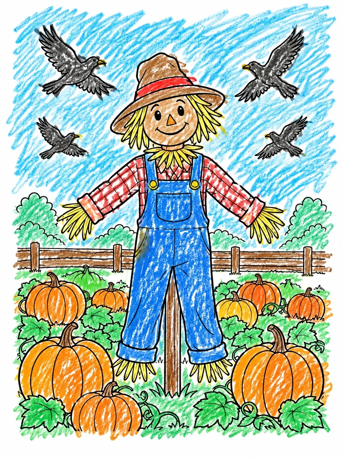 Colored example of the Friendly Scarecrow In The Pumpkin Patch coloring page