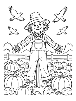 A cheerful scarecrow stands in an autumn field on this pumpkin coloring page with flying birds.