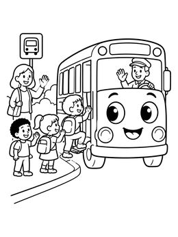 Free printable Friendly School Bus And Cheerful Children coloring page