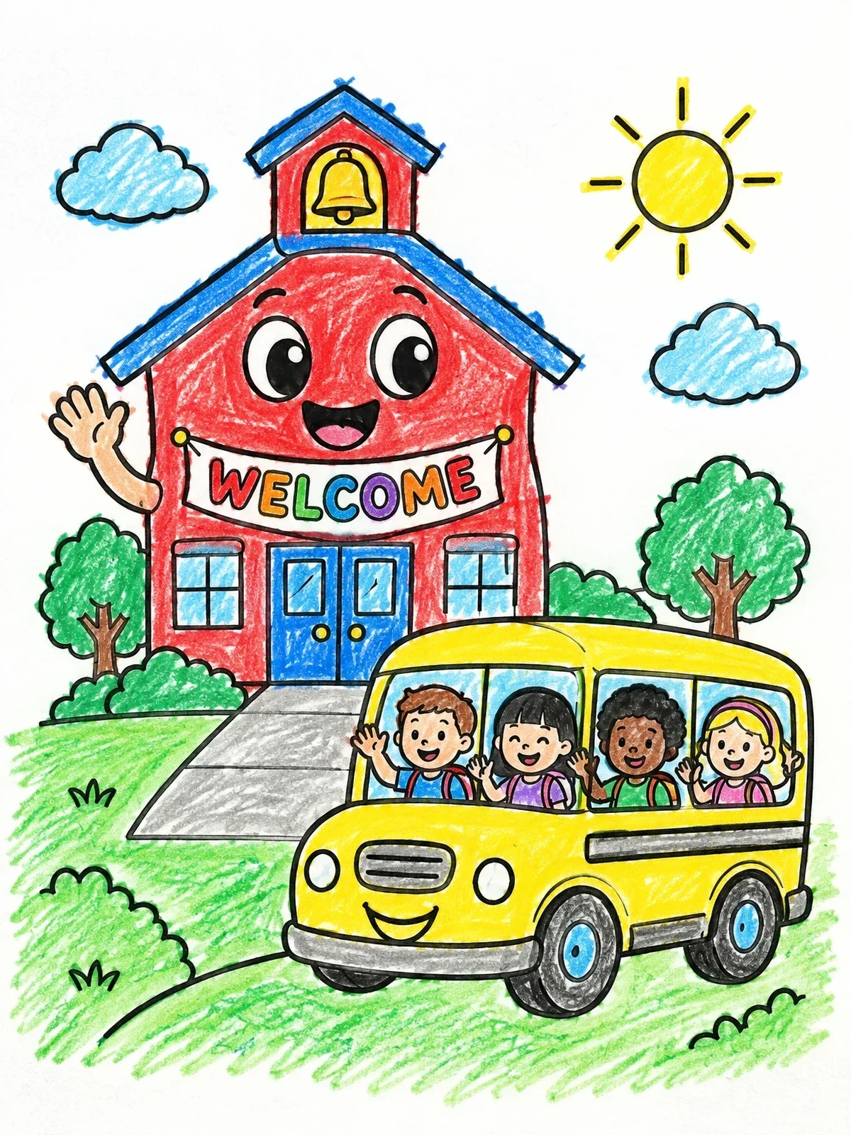 Colored example of the Friendly Schoolhouse Greeting The Bus coloring page