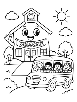 Free printable Friendly Schoolhouse Greeting The Bus coloring page
