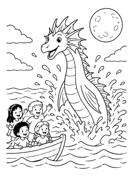 Free printable Friendly Sea Dragon And Children In Boat coloring page