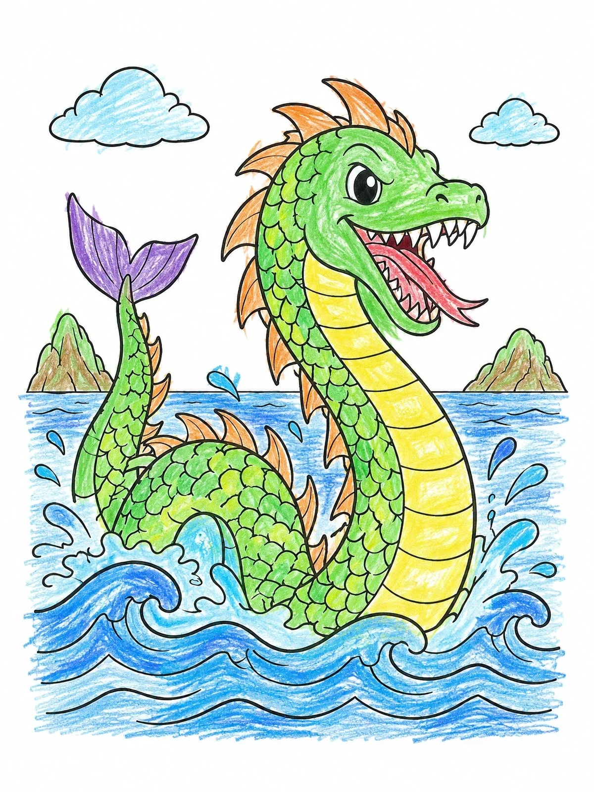 Colored example of the Friendly Sea Monster In Ocean Waves coloring page