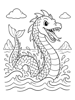 A cheerful sea serpent splashes in ocean waves on this cute monster coloring page.