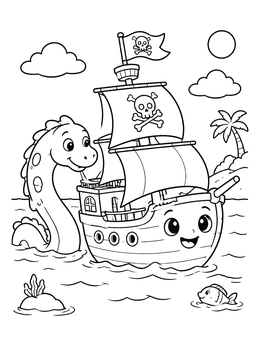 Free printable Friendly Sea Monster And Pirate Ship coloring page