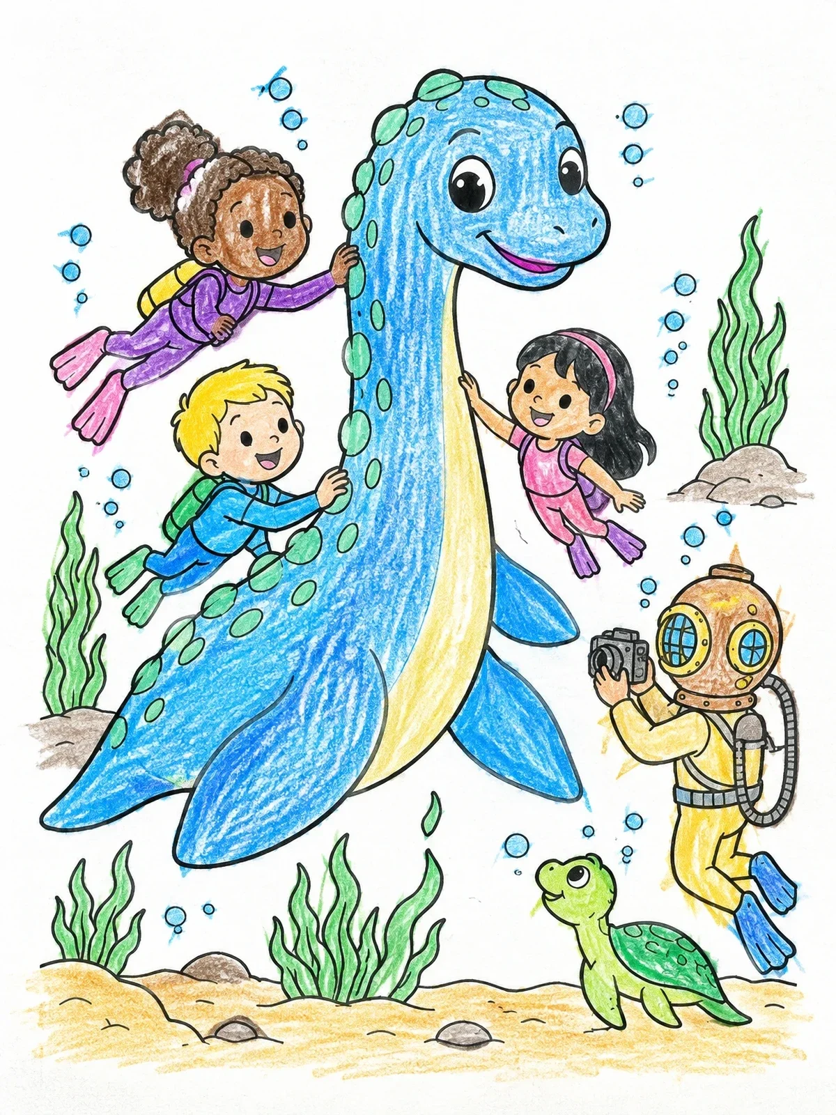 Colored example of the Friendly Sea Monster And Young Divers coloring page