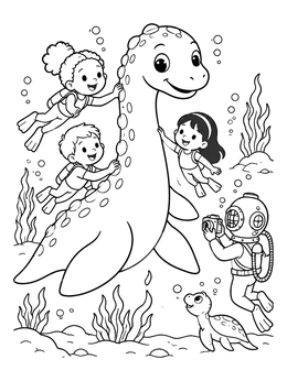 Free printable Friendly Sea Monster And Young Divers coloring page