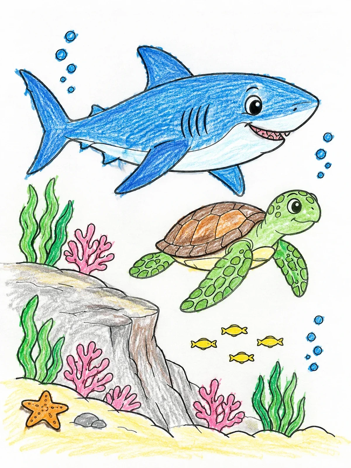 Colored example of the Friendly Shark And Sea Turtle coloring page