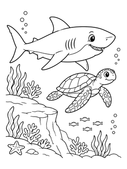 A friendly sea turtle swims beside a smiling creature in this shark coloring page.
