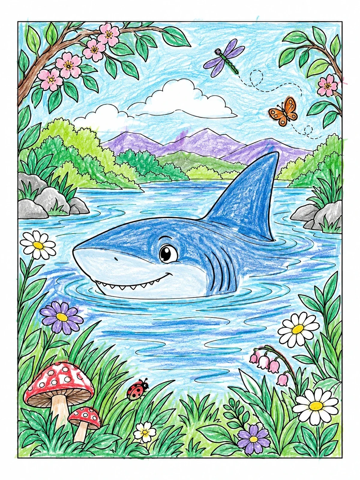 Colored example of the Friendly Shark In A Forest River coloring page
