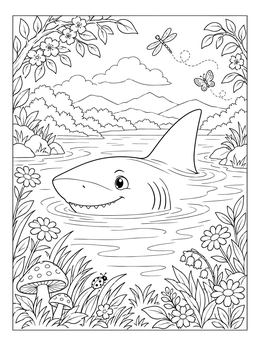 Free printable Friendly Shark In A Forest River coloring page