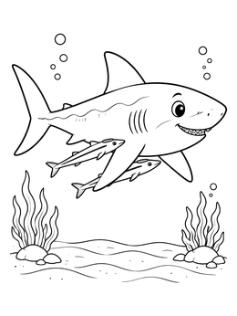 A shark coloring page showing a smiling shark swimming with two remora fish above seaweed.