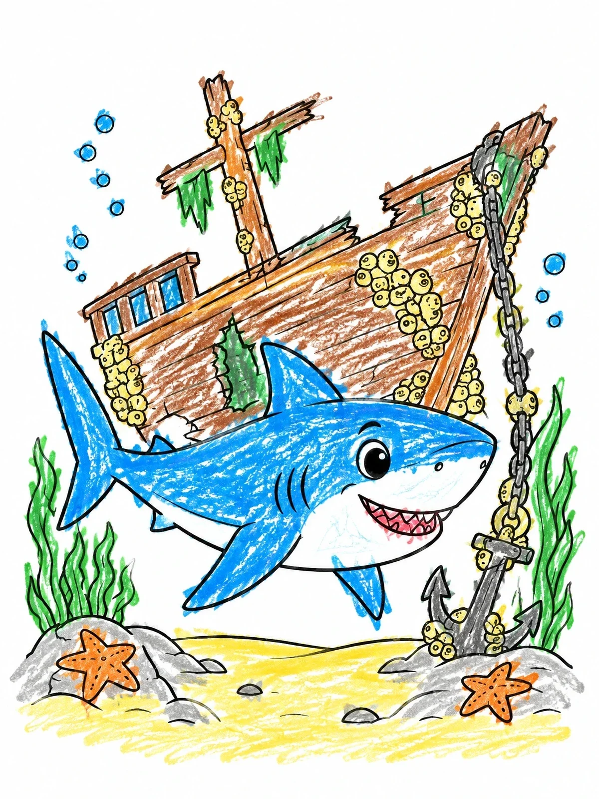 Colored example of the Friendly Shark And Sunken Shipwreck coloring page