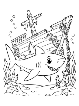 A friendly shark coloring page with a sunken wooden shipwreck and starfish.