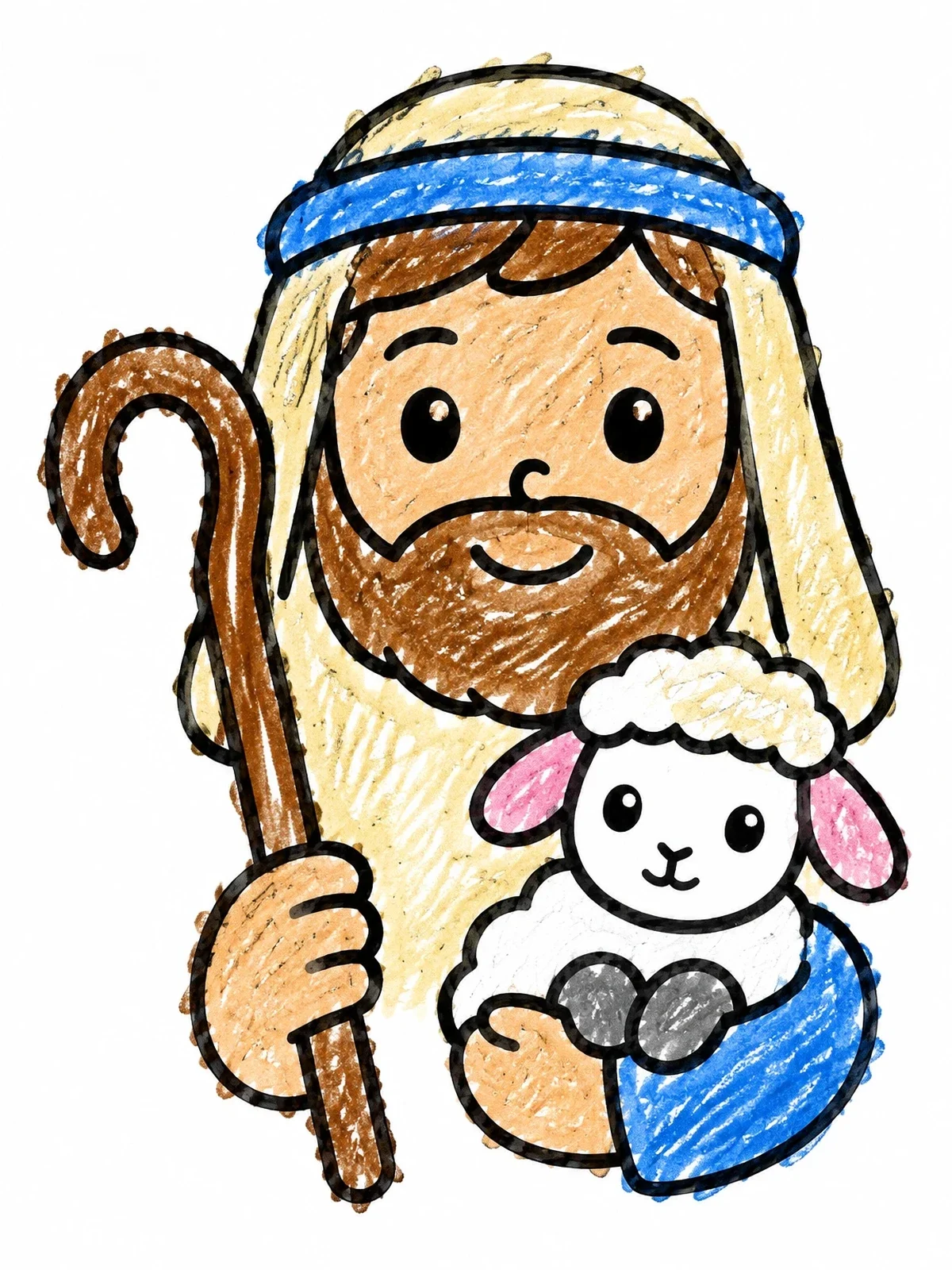 Colored example of the Friendly Shepherd Holding Little Lamb coloring page