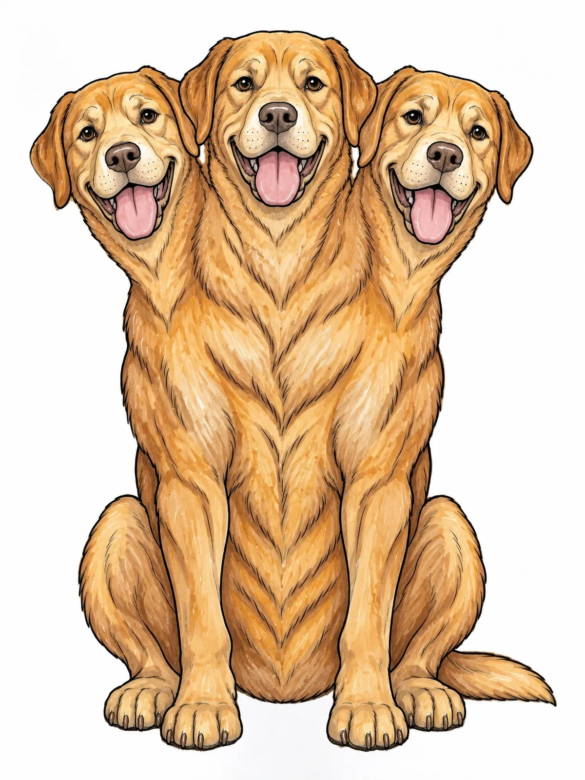Colored example of the Friendly Sitting Three Headed Dog coloring page