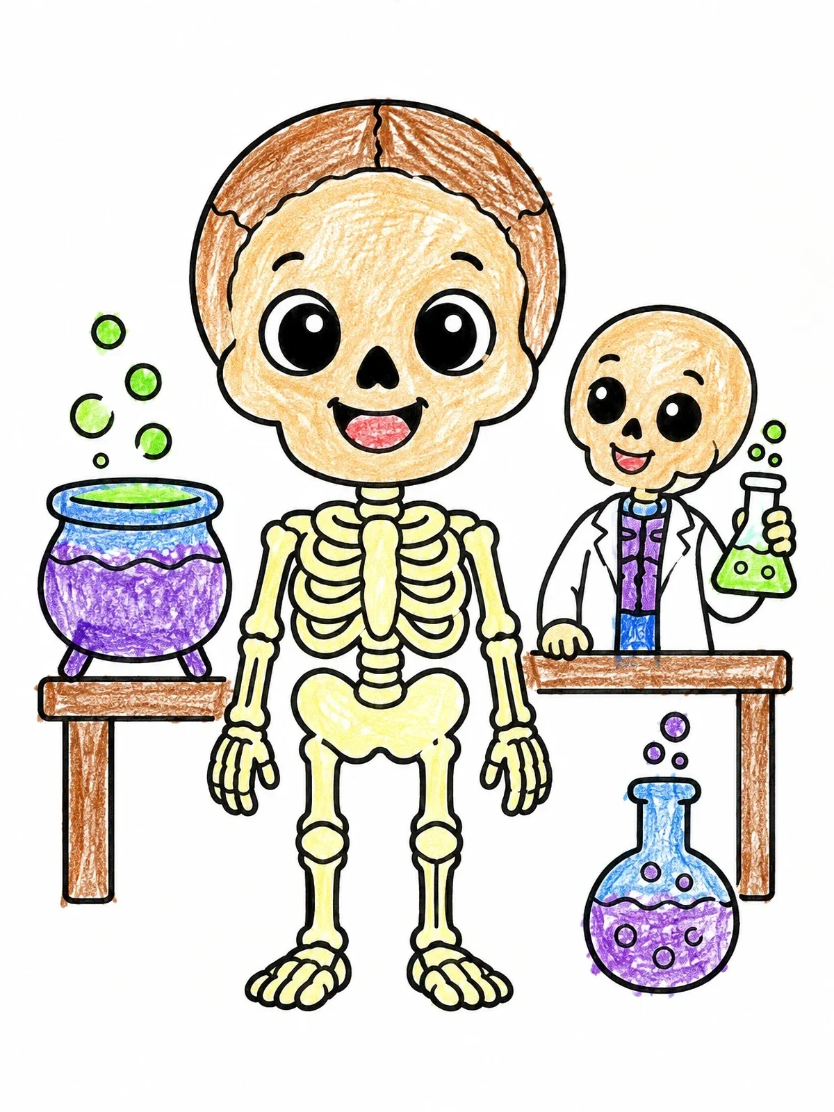 Colored example of the Friendly Skeleton In Science Lab coloring page
