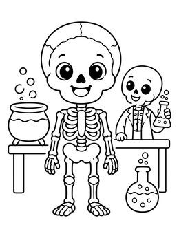 A cute cartoon skeleton scientist stands in a science coloring page with bubbling beakers.