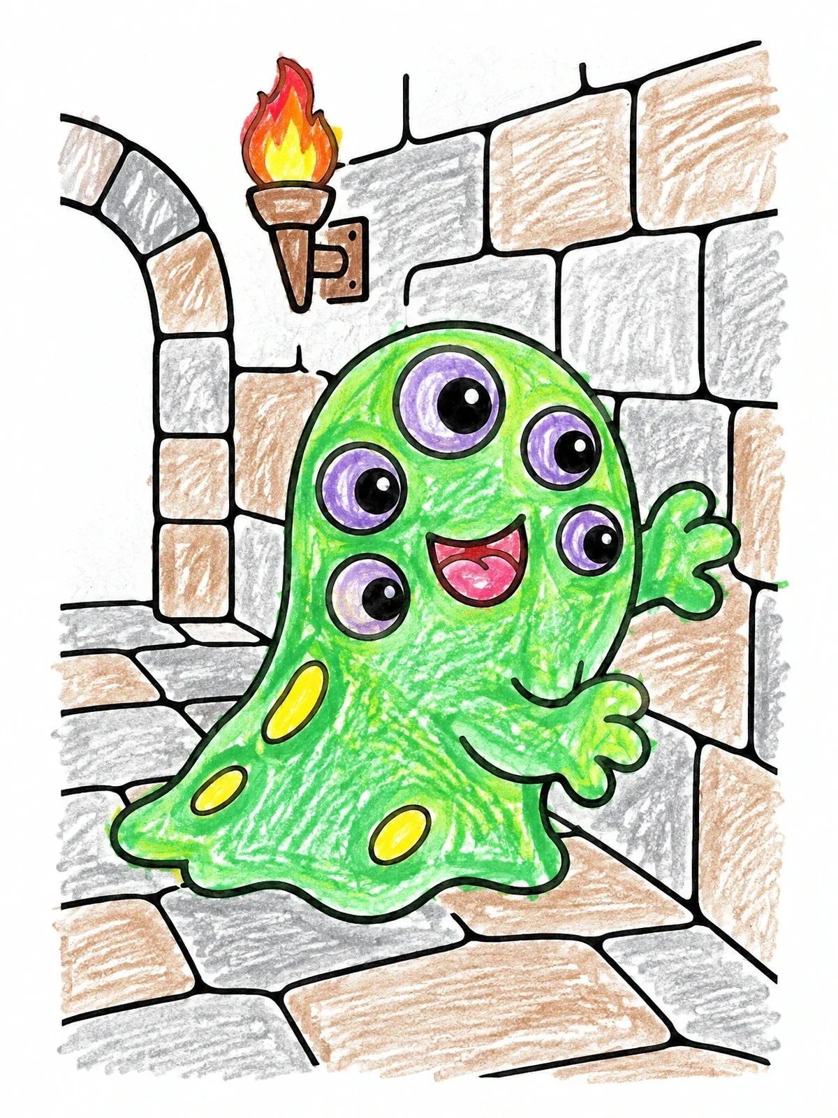 Colored example of the Friendly Slime Monster In Dungeon coloring page