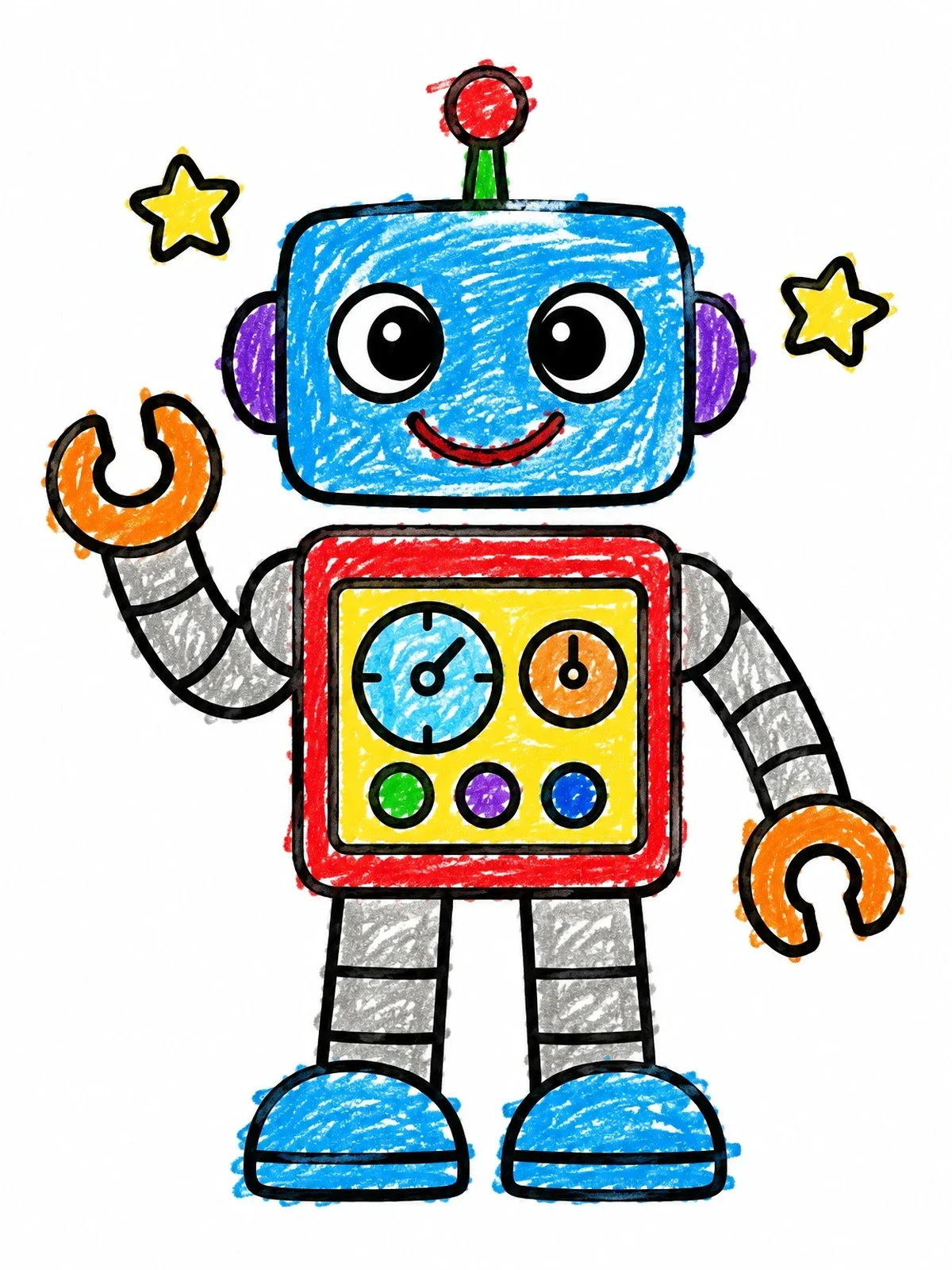 Colored example of the Friendly Smiling Retro Robot coloring page