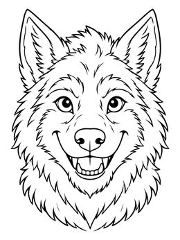 A friendly werewolf coloring page showing a smiling wolf face with fluffy fur.