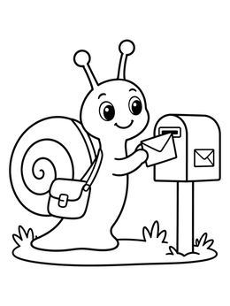 A cheerful snail coloring page delivering a letter into a small mailbox.