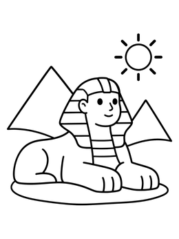A friendly sphinx coloring page with pyramids and a bright desert sun.