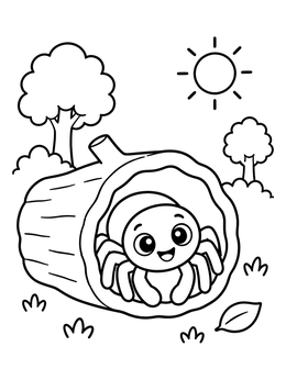 A cute spider coloring page showing a friendly cartoon bug sitting inside a hollow log.